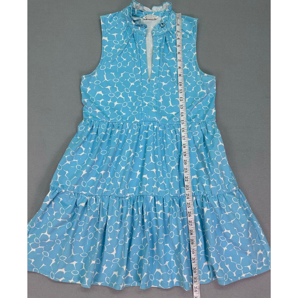 Mahi Gold Blue & White Geometric Tiered Dress Sleeveless Ruffle Neck Size Small - Picture 5 of 8